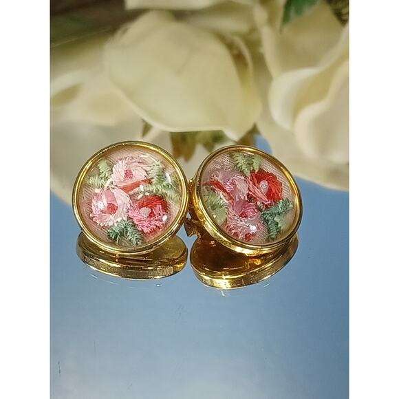Floral Embroidered Unique Retro Pink Red Green Clip On Round Earrings Beautiful - Picture 9 of 9